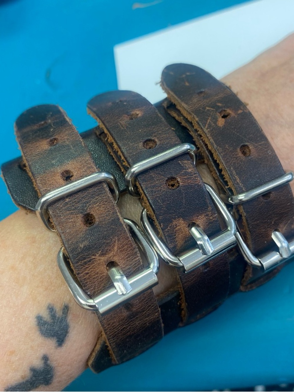 Vintage-Style Brown Leather Triple Wrap Bracelet with Silver Buckles